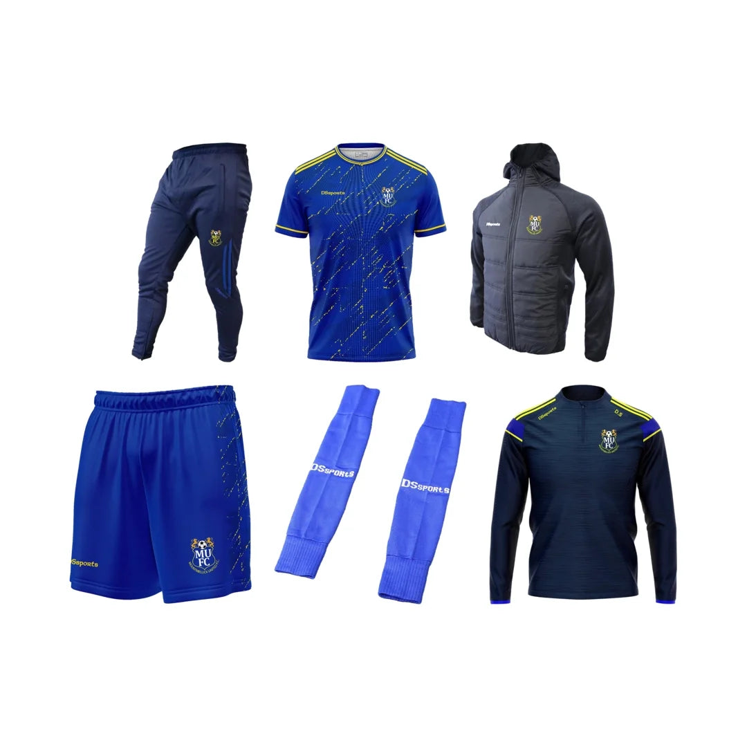 Adults Mountmellick United bundle - Skinny bottoms, socks, shorts, halfzip, jacket & jersey